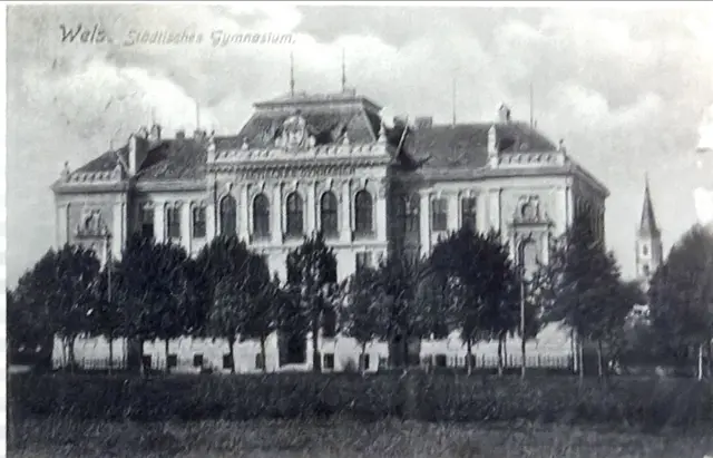 Historische Schwarz-Weiß-Ansicht des Gymnasiums in Wels mit einer Baumreihe vor dem Gebäude.